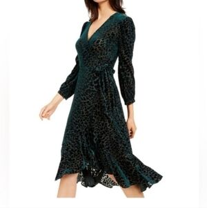 Calvin Klein Green Burnout velvet animal print Long sleeve casual Dress Size 10